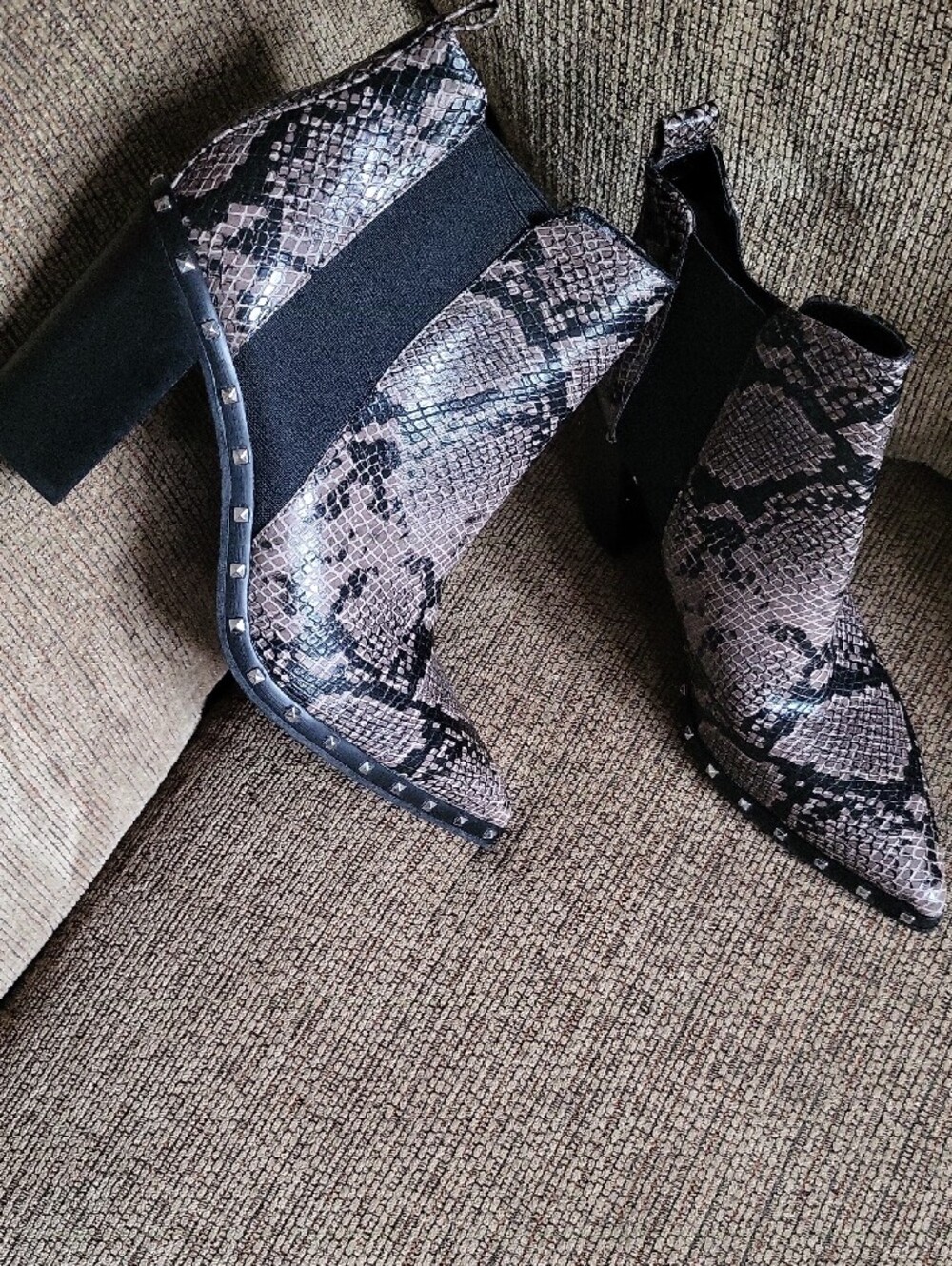 Women's Snake-Print Block Heel Ankle Boots - Black/Taupe - Picture 2 of 11